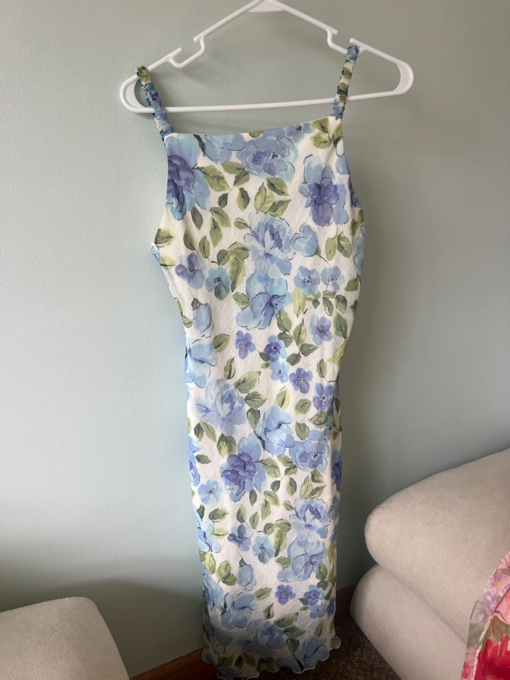 Blue Floral Spaghetti Strap Midi Dress
